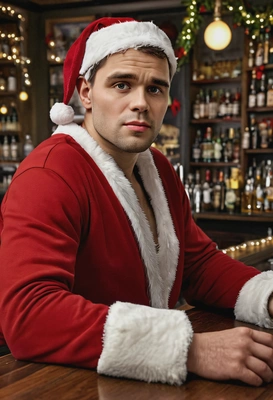 as Bad Santa from the Bad Santa movie, sitting at the counter of an American bar, hyperrealistic style, detailed clothing structure, relaxed pose, dim indoor lighting, Christmas garlands in the background, high-quality cinematic shot from the side, looking sad and tired, light stubble, natural human anatomy, correct finger proportions, visible knuckles, defined fingernails, relaxed realistic pose,