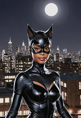 Hand-drawn flat cartoon style, Catwoman, mask with cat ears, sharp outlines, oversized cartoon big sparkling eyes, moonlit city lighting, waist-up portrait, Gotham rooftop background