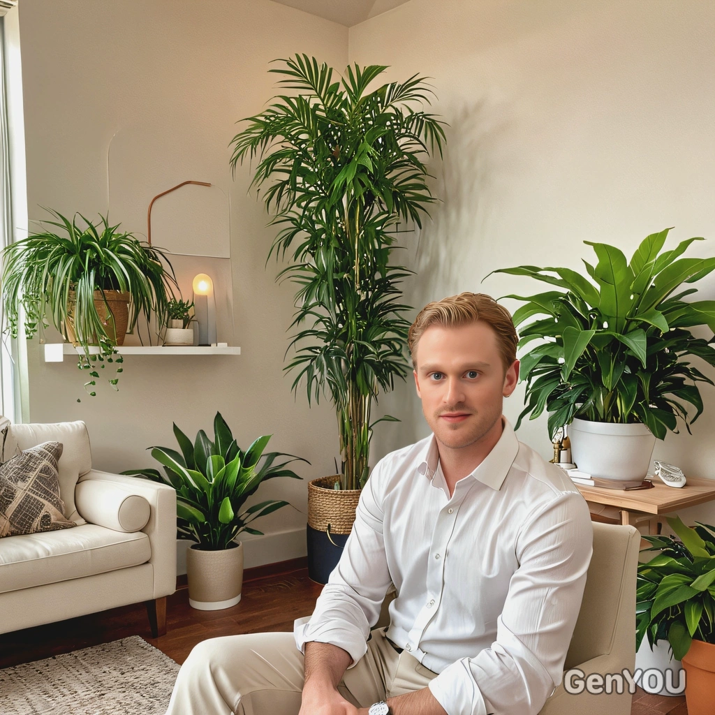 as a therapist in a soft, neutral-toned outfit, seated in a calming, serene office space with plants and soft lighting