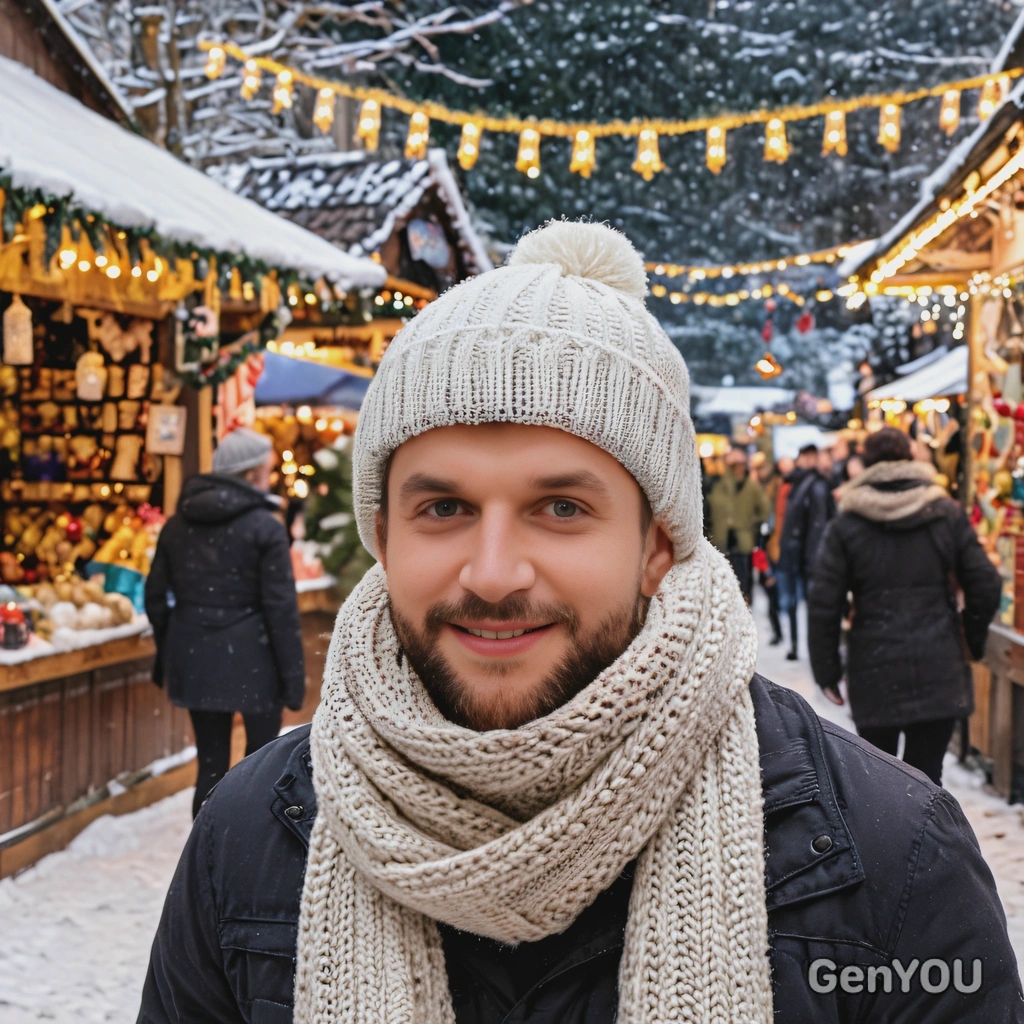 in a warm woolen hat and scarf, walking through a snow-dusted Christmas market, surrounded by twinkling fairy lights and festive decorations