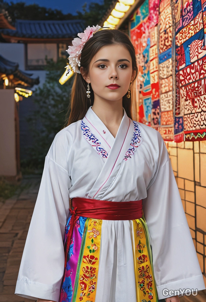 wearing a colorful K-pop outfit inspired by traditional hanbok, blending modern and cultural elements, standing in a vibrant, illuminated setting
