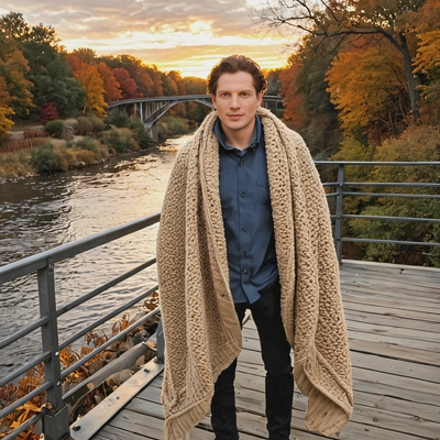 standing on a bridge over a river, wrapped in a cozy blanket, sunset on a crisp autumn day