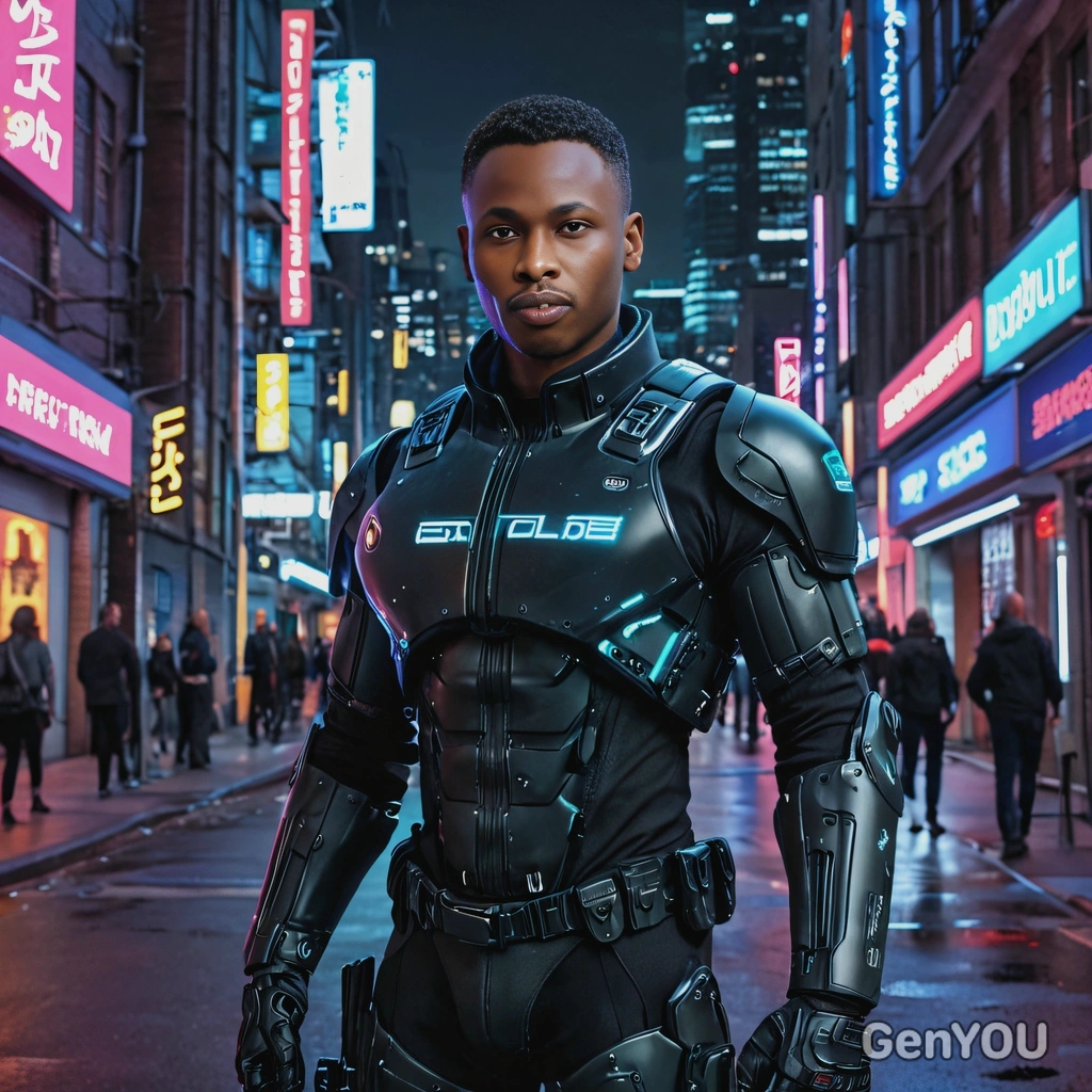 as a serious cybernetic police officer, patrolling a futuristic city street at night, neon lights