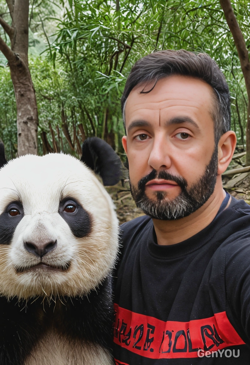 taking a selfie with a panda bear