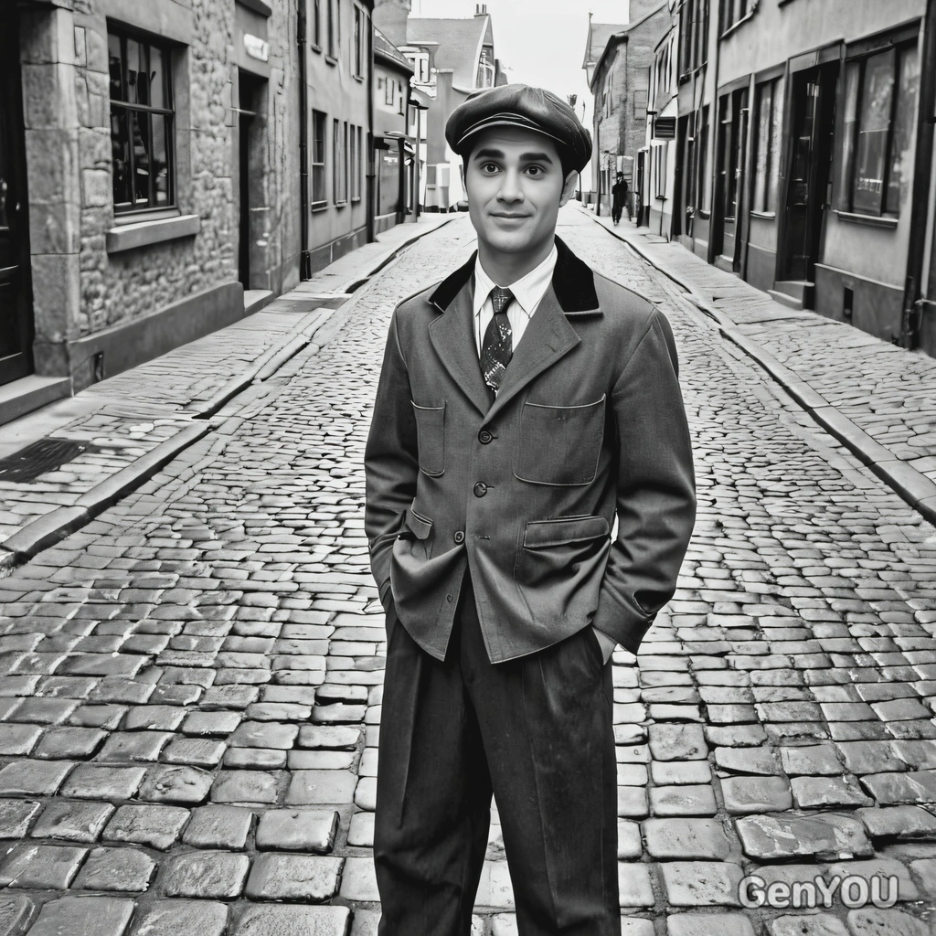in 1940s newsboy outfit, standing on a cobblestone street, captured in black and white