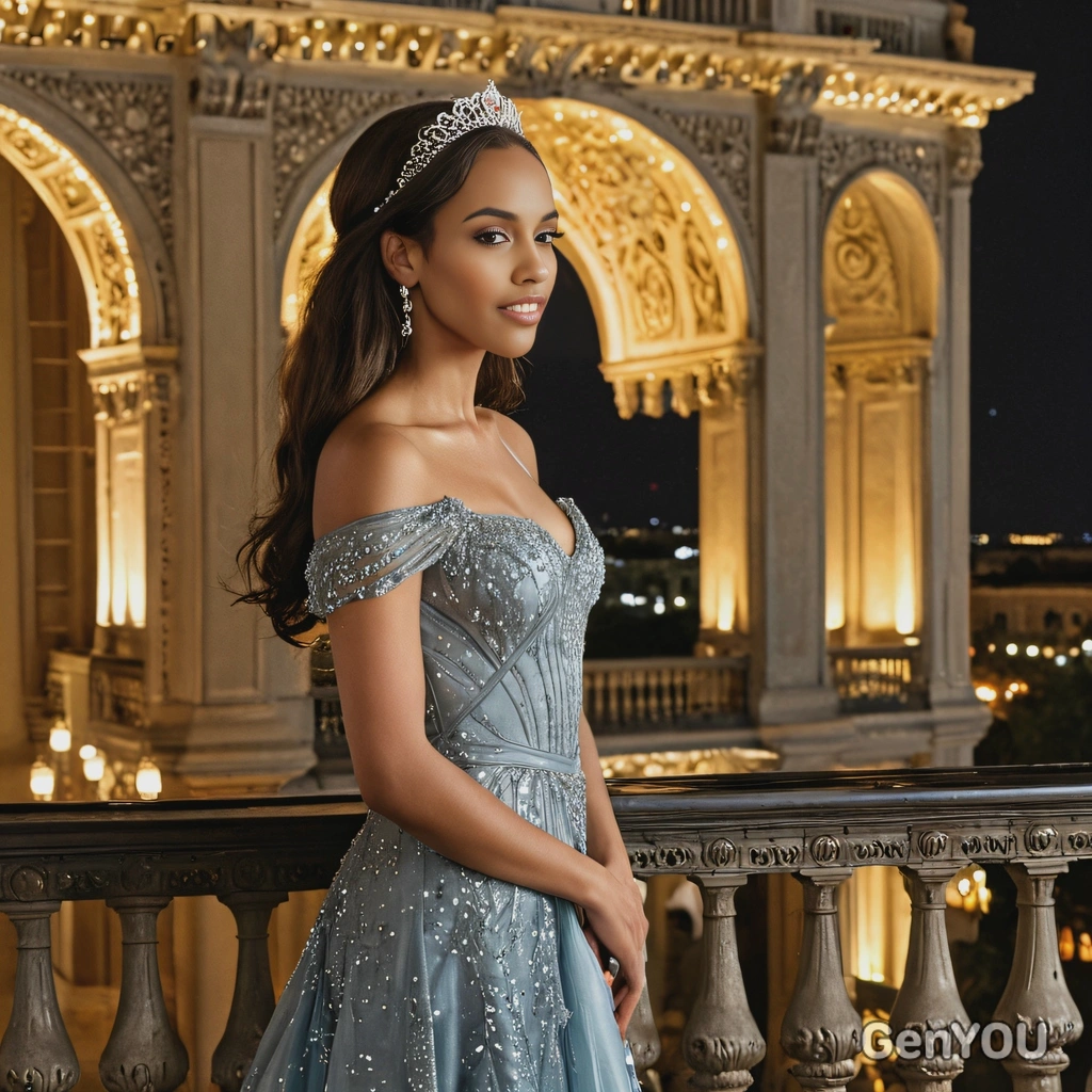 a princess standing on a grand palace balcony at night, wearing a sparkling gown as she gazes out over the illuminated city below