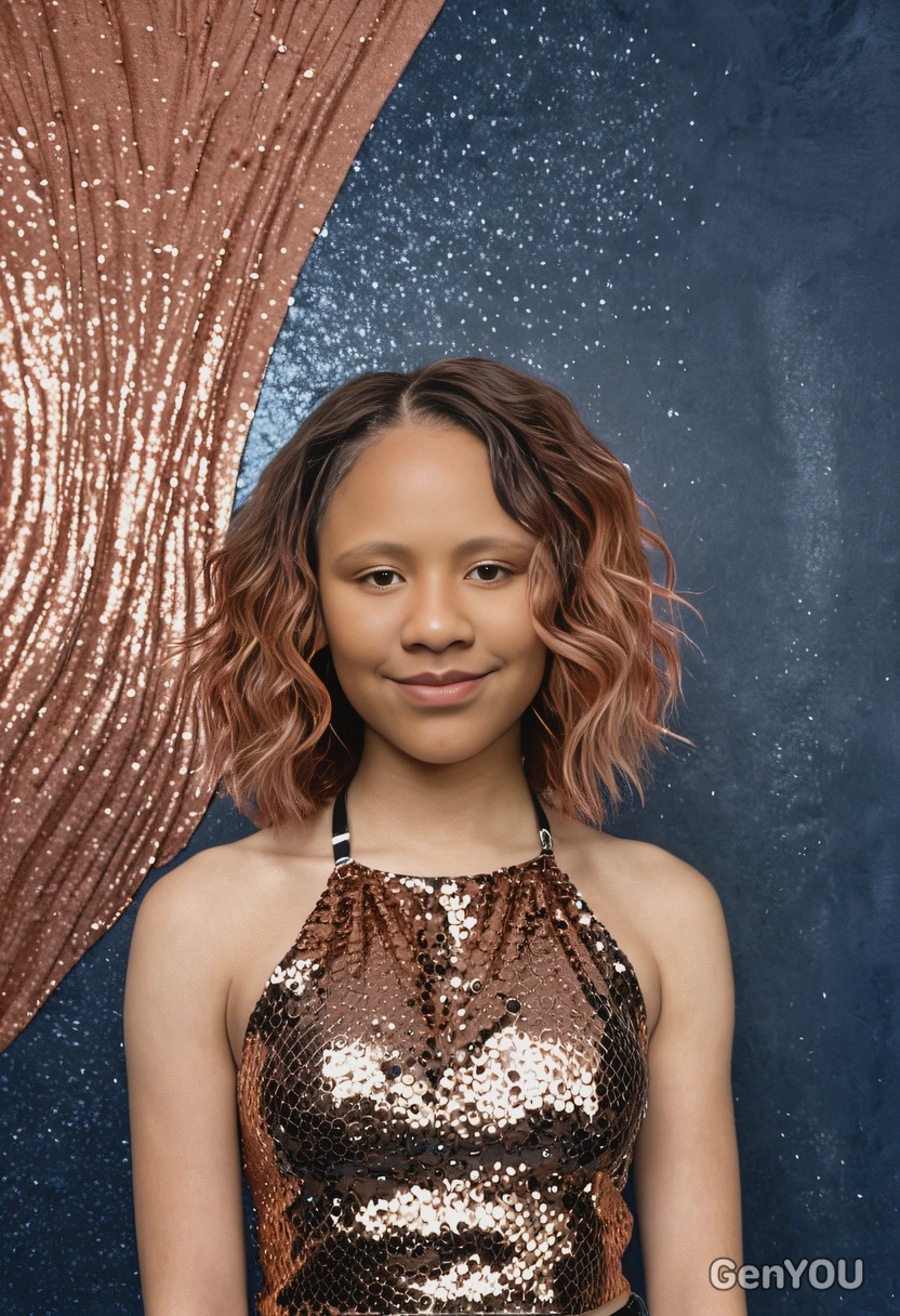 student in a rose gold sequined halter top, her hair styled in loose waves, murky blue yearbook backdrop, mid-shot photo, clear forehead 