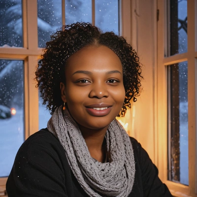 smiling, by candlelight with snow visible through the window, facing the viewer 