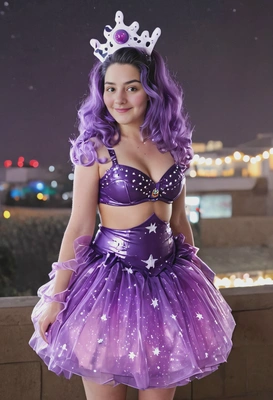 dressed as Lumpy Space Princess from Adventure time, blurry lights in the background, full-body image