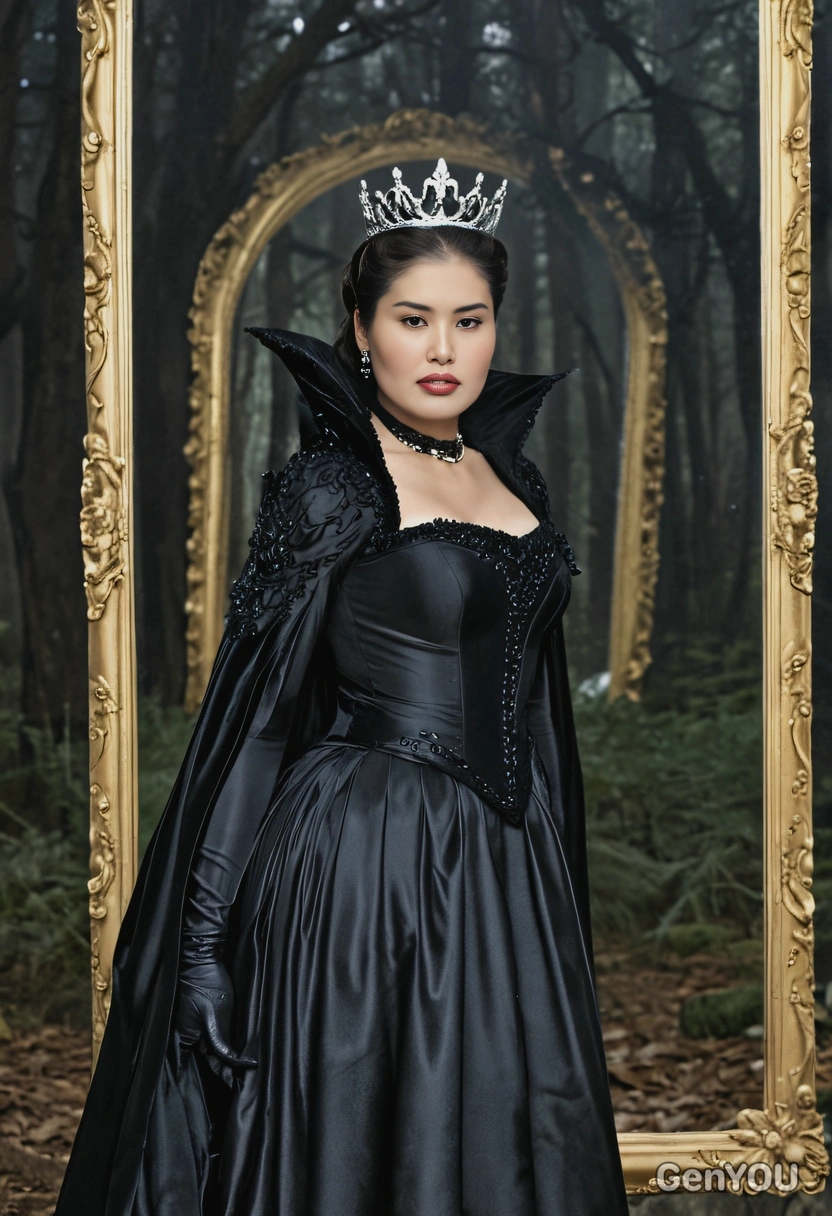 As the Evil Queen from Snow White, wearing a black gown, standing in front of a mirror with a dark forest behind
