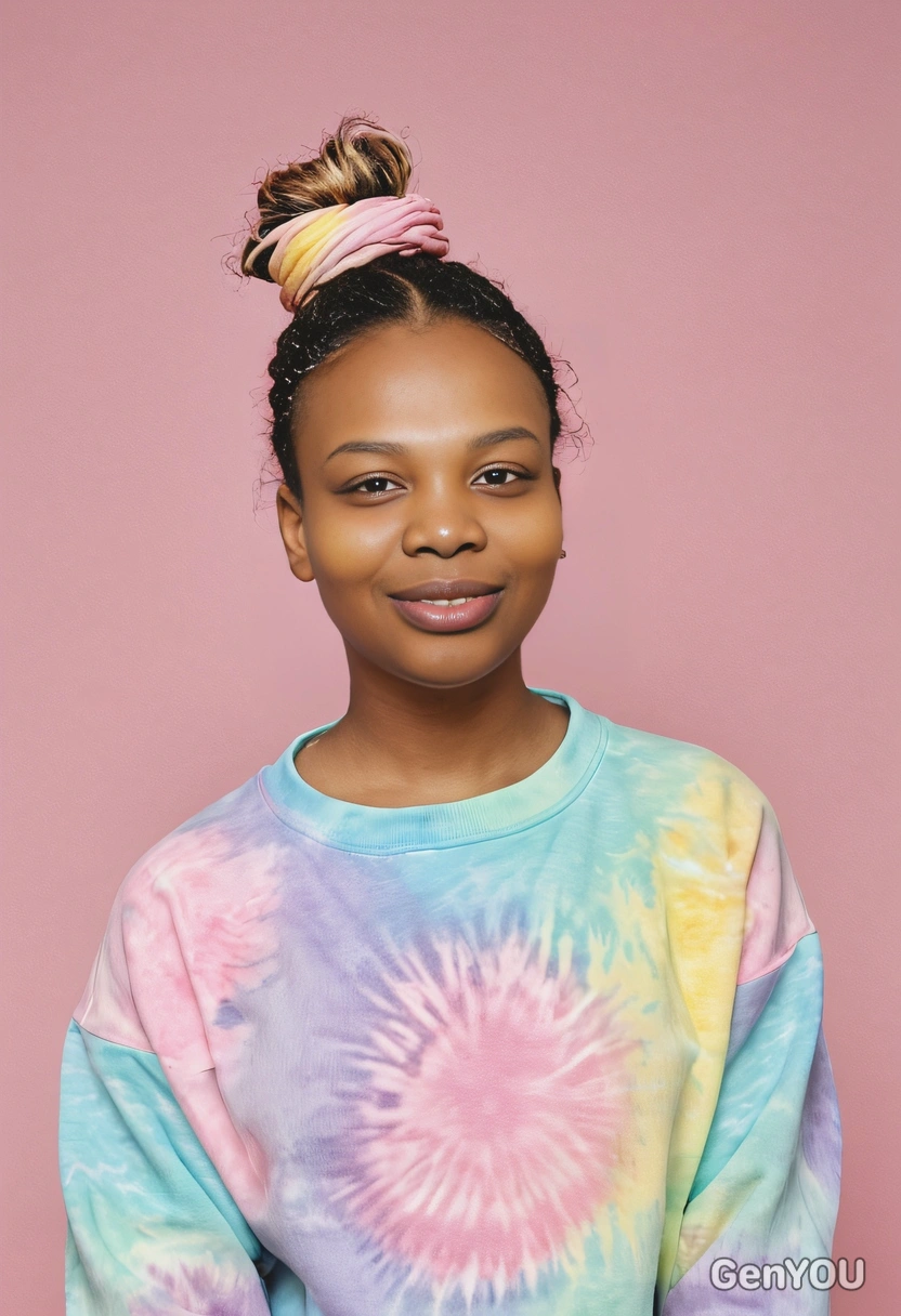 headshot, with a high bun, wearing a pastel tie-dye sweatshirt, against a plain pastel background