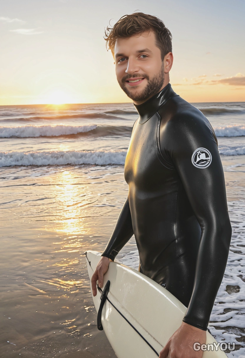 as a surfer in a wetsuit holding a surf, with the ocean stretching out to the horizon and the sun setting in the background, half body view 