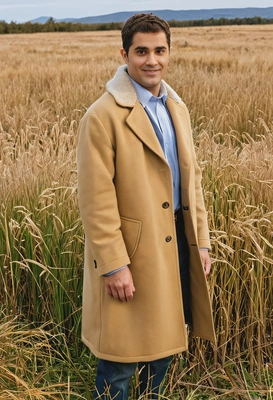 standing in a field of tall golden grass, with a wool coat