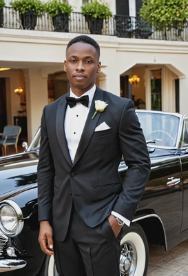 as a groom in a sleek modern tuxedo, standing beside a vintage car outside an elegant hotel