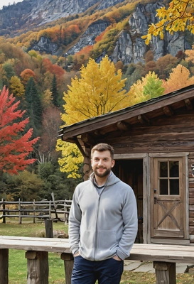standing next to a rustic wooden cabin, with a view of mountains and fall trees