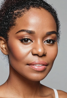 professional makeup, glossy eyelids that give a fresh and dewy finish, head and shoulders photos, afro hair