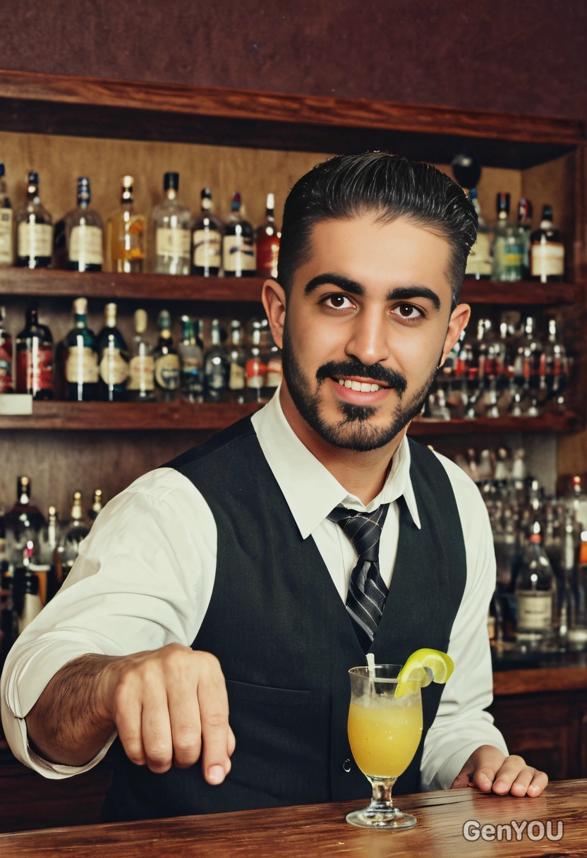 bartender shaking a cocktail, retro style, grainy