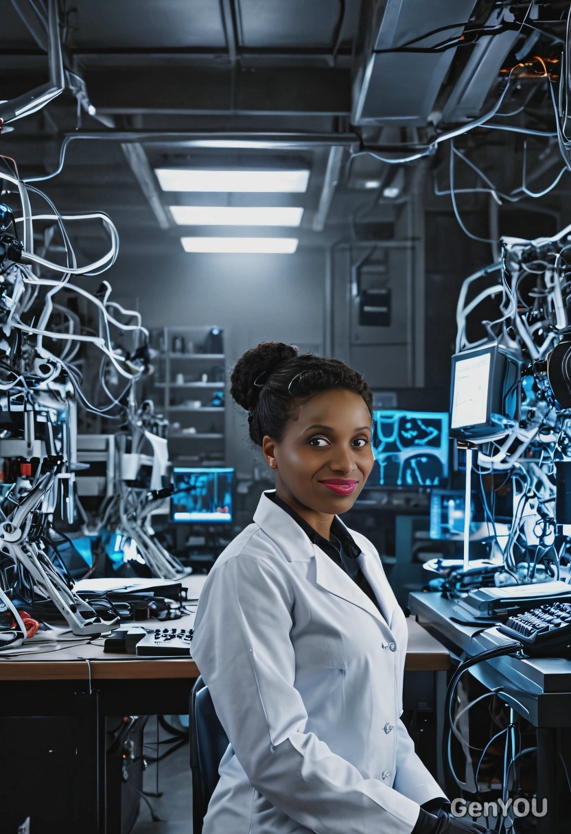 A lone scientist working in a glowing lab, surrounded by high-tech equipment and cybernetic limbs