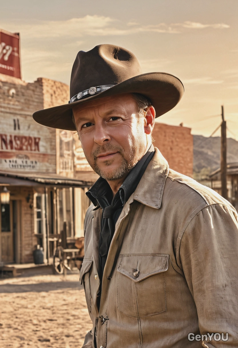 Golden Hollywood era, classic 50s western movie star, blurry wild west setting on the background, golden hour, soft shadows