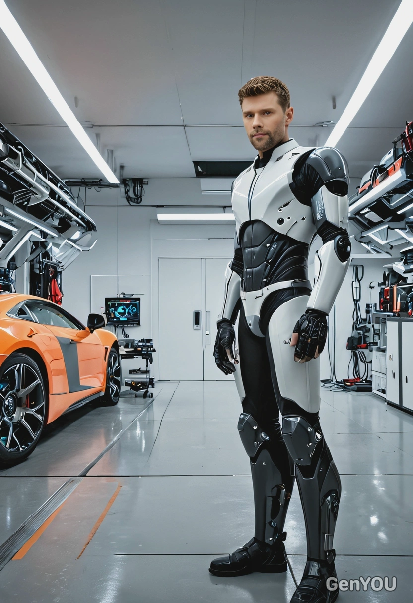 a lone mechanic in a futuristic garage, surrounded by cybernetic enhancements