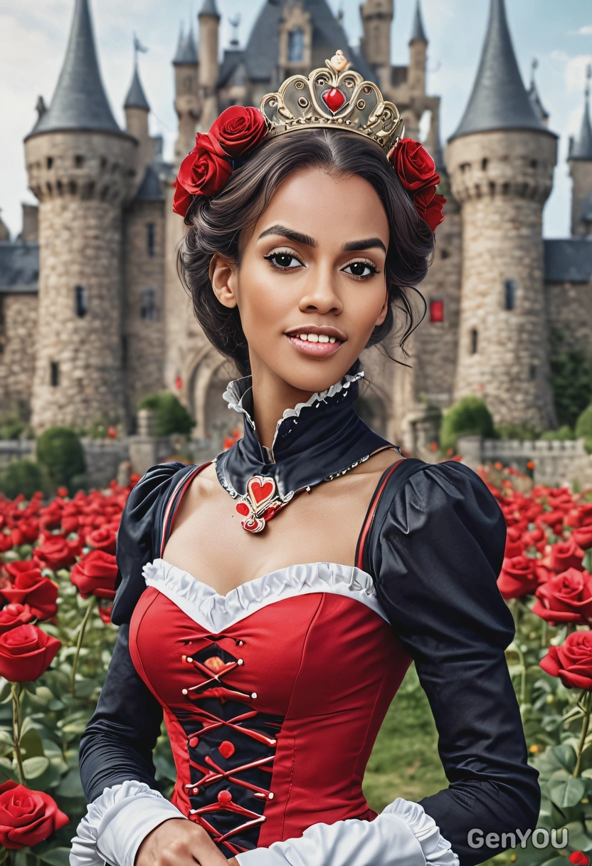 @me as a cartoonish Queen of Hearts in Wonderland, cocky look, in front of a blurred castle, looking directly into the camera, roses around, blurred background, symmetrical clothing details, high-quality stylized fanart