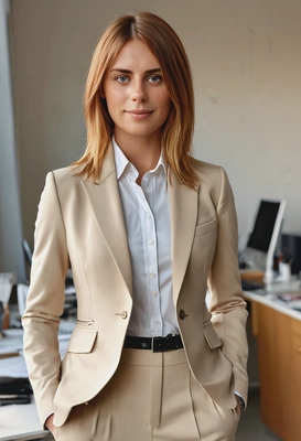 Office photo freckles layered cut office dress sunrise lighting"