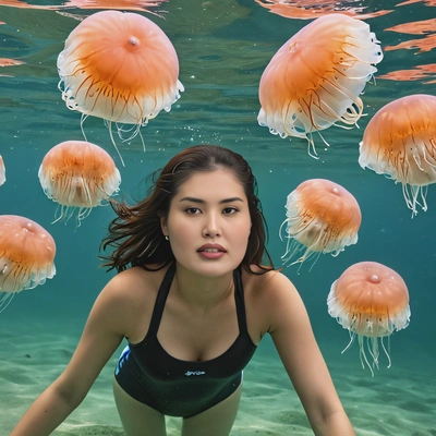 swimming with a group of jellyfish underwater