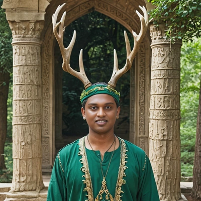 As a forest guardian, wearing a green tunic with antlers, stand vigilantly at the entrance of a mystical woodland temple