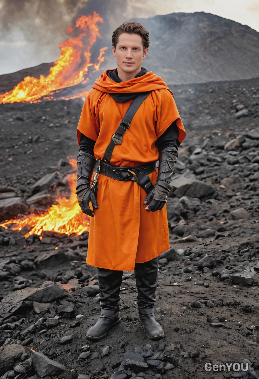 Dressed as a fire mage with fiery orange robes, standing in the midst of a volcanic landscape with flames erupting from the ground around you