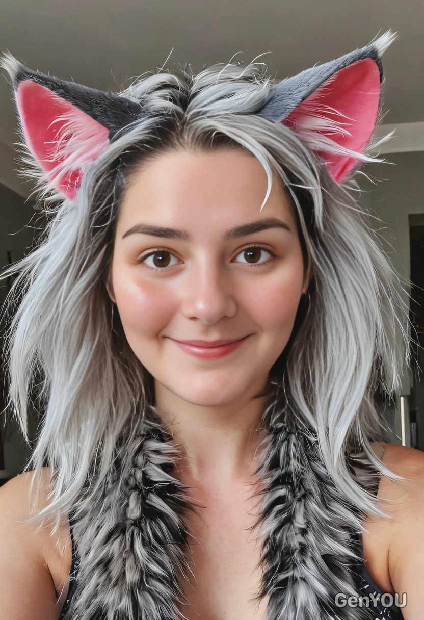 with animalistic cat features, adorned with fur, whiskers, cat ears and tail