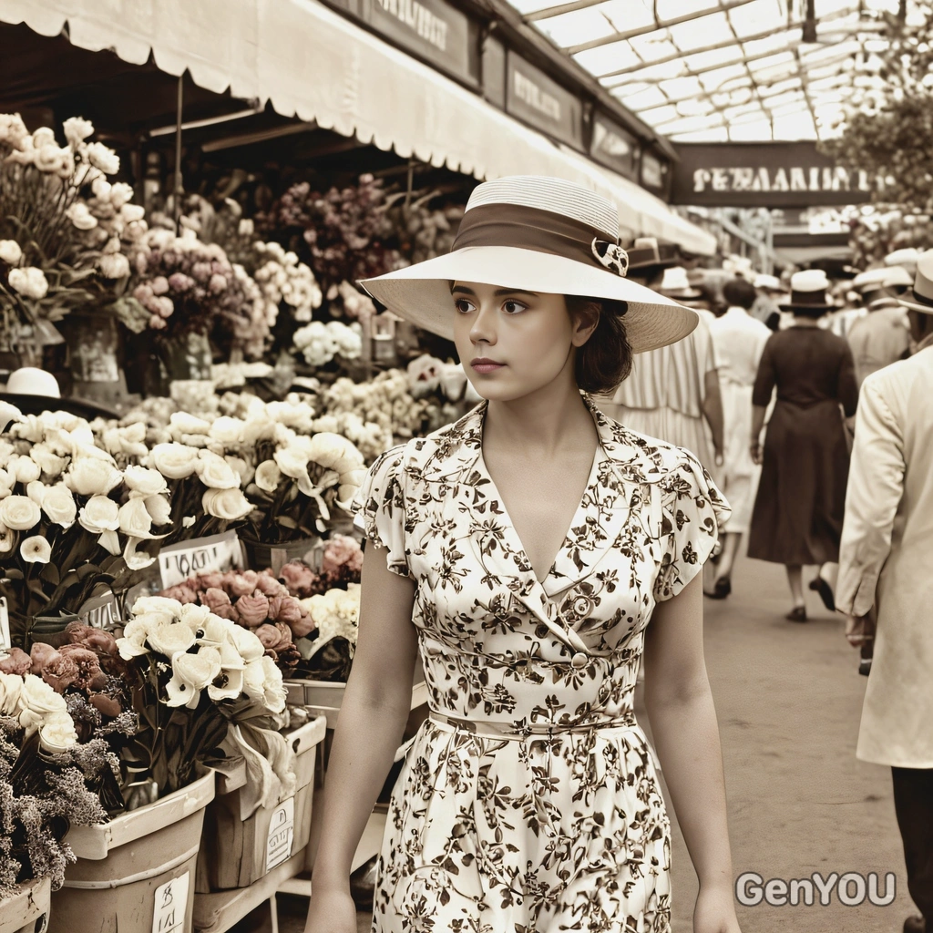 walking through a flower market in a 1930s dress, wearing a hat, with a sepia filter
