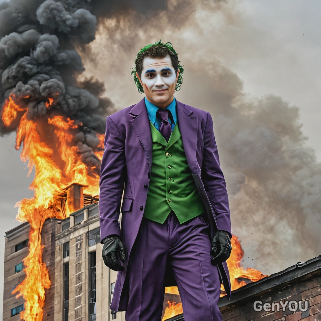 The Joker standing atop a burning building