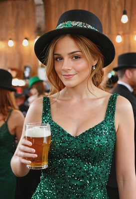 sharp skin texture details, ginger hair, green dress with sequins, black hat, holding a glass of beer, blurry St Patrick crowded party background, soft lighting