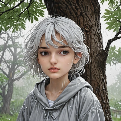 Anime style under a large tree in rain with best ai for portraits