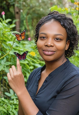 with a butterfly on her finger in a vibrant garden, soft focus, clear features 