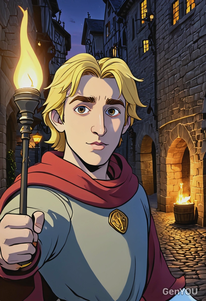 Hand-drawn flat cartoon style, Phoebus from The Hunchback of Notre Dame, oversized cartoon eyes, torch glow lighting, waist-up portrait, cobblestone street background