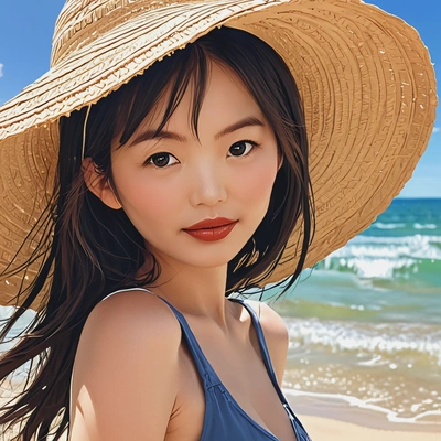 on a sunny beach with a large sun hat, anime style, big eyes, manga drawing