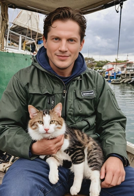 as a fisherman with a cute stray cat in his lap, smiling 