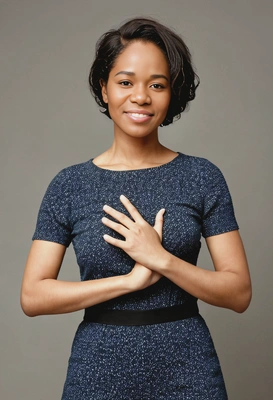 standing against a plain background, hands with fingers loosely intertwined together at waist level, pose is relaxed, neutral and natural demeanor, short hair, centered image
