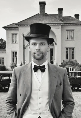 in a 1920s top hat, standing on a grand estate, captured in black and white