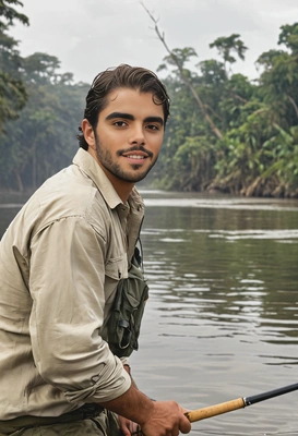 A man fishing in a remote part of the Amazon River, half body portait