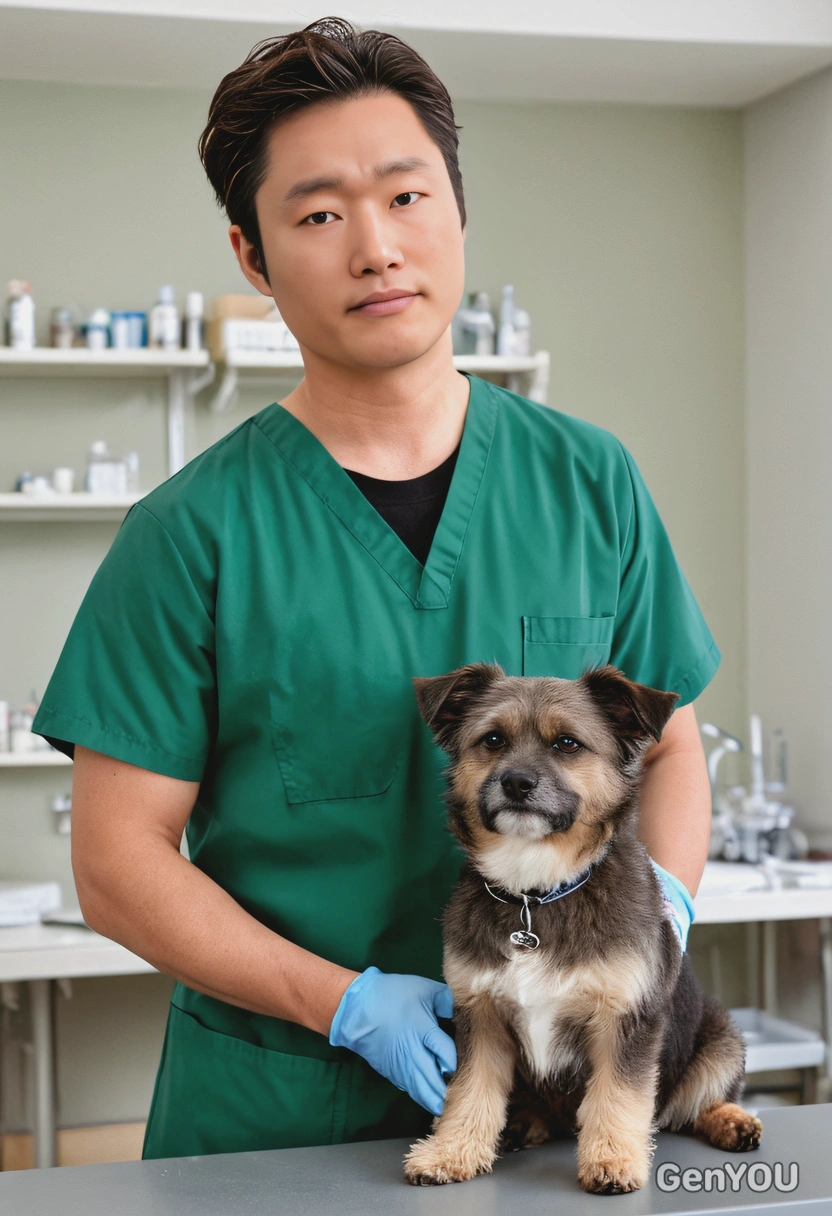 as a veterinarian in green scrubs, standing in a veterinary clinic with a gentle smile, comforting a small dog on the examination table, blurry background, professional filming