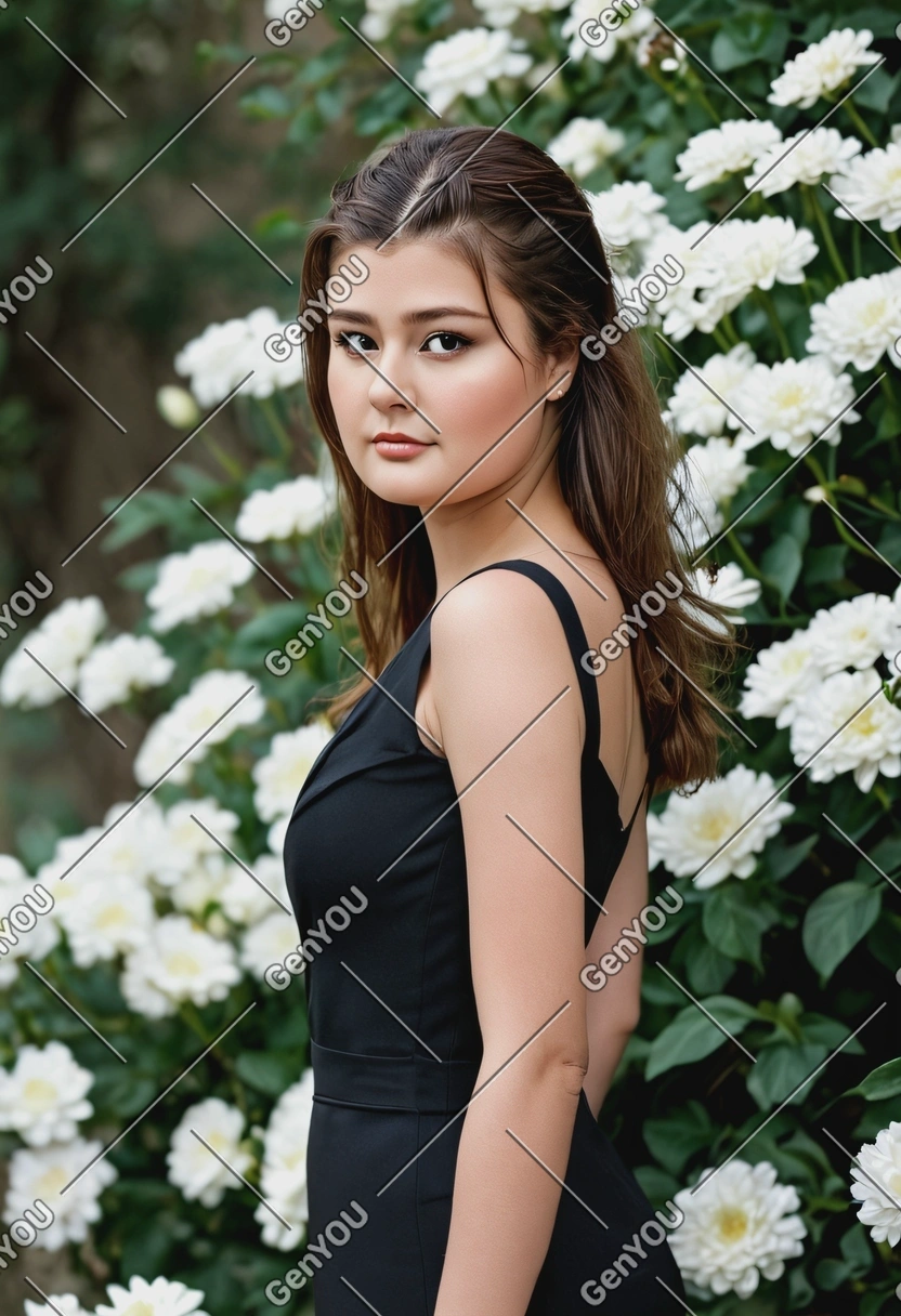 blurry background, professional photoshoot, white flowers, black dress, modelling