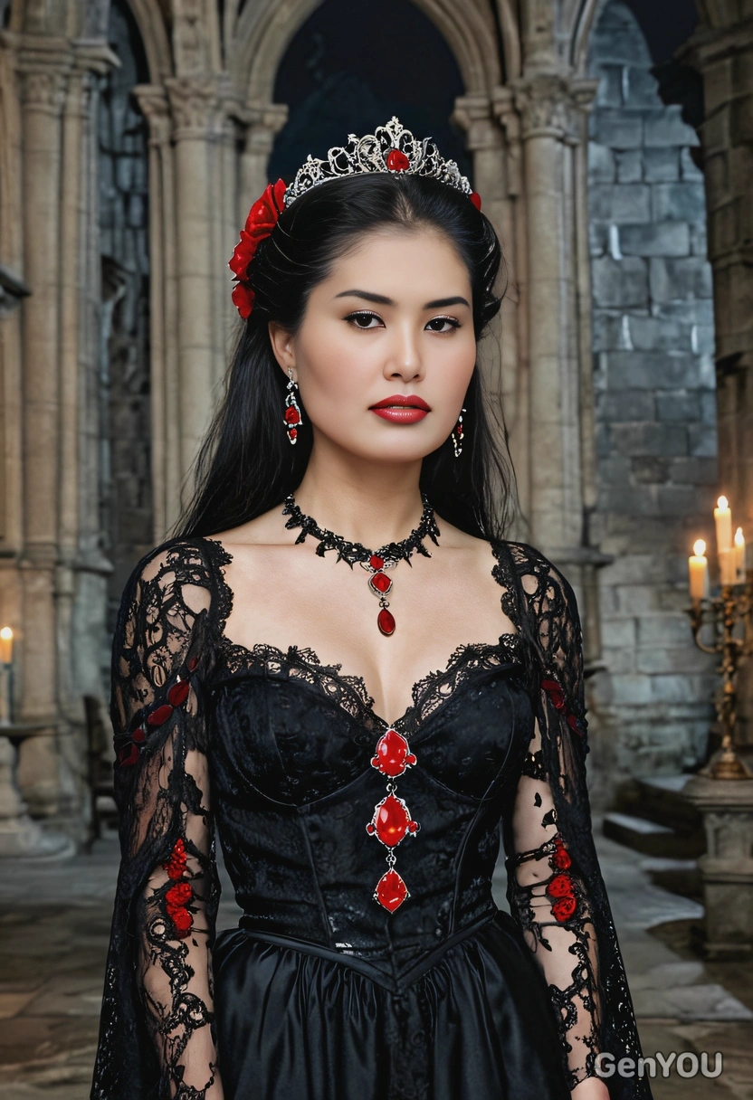 As a vampire queen, wearing a black lace gown with blood-red jewelry, stand regally inside a gothic castle bathed in moonlight