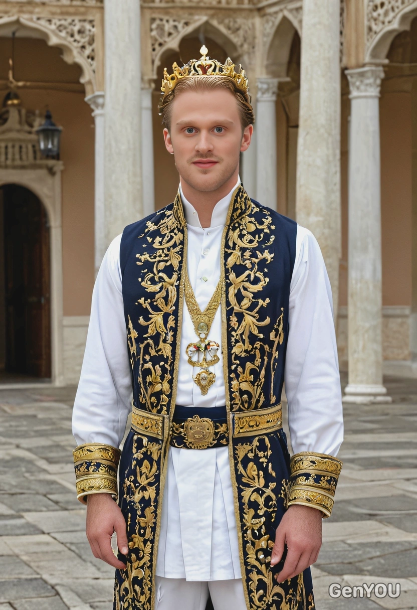 as a royal prince, dressed in a ceremonial outfit, standing at the palace courtyard 