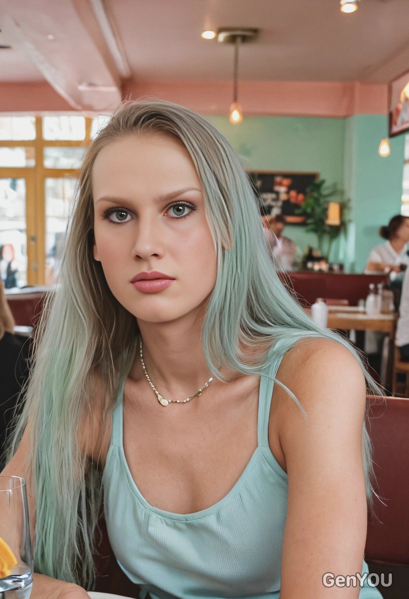 at a restaurant, long hair, pastel tones, photo taken on 50mm lenses, high-res, arms below