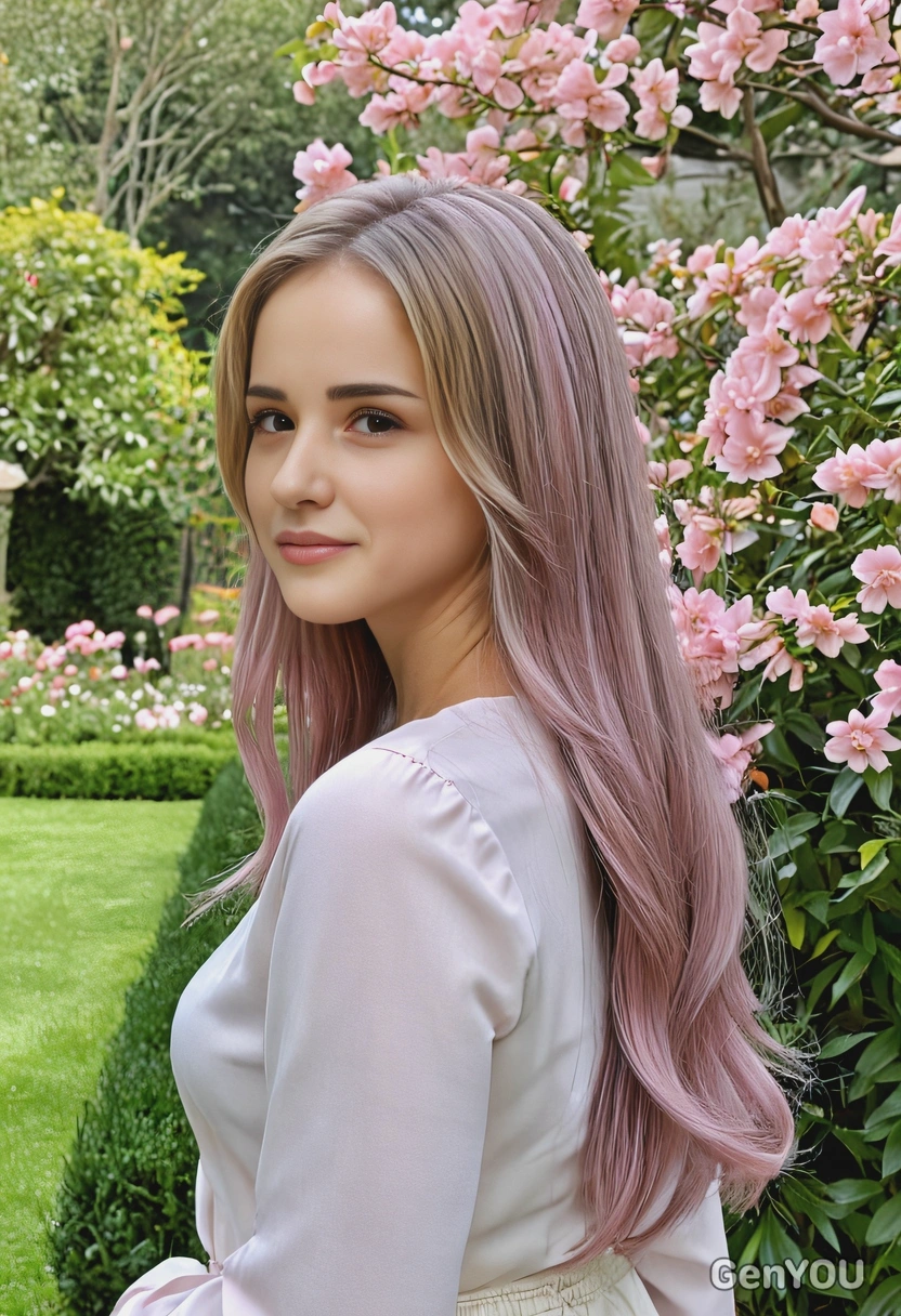 long, sleek hair with pastel mauve and peach streaks, styled for elegance, against a soft romantic garden backdrop