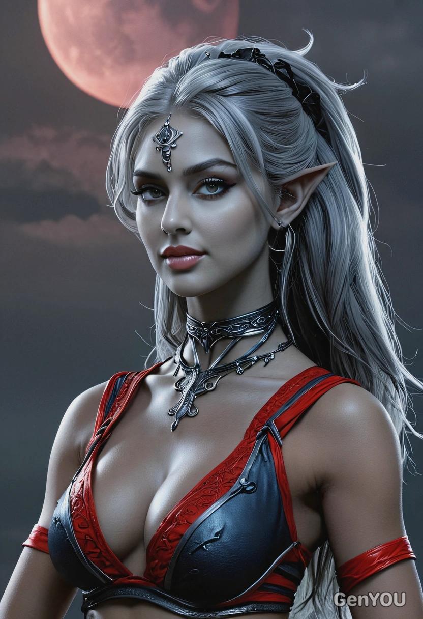 profile pic for sexy posing Shillien a blackface drow goddess from the Lineage 2, red moon, cloudy, dim and smoky night, cinematic dark mood, 25y redhead, natural lighting, blue-gray face and body skin color