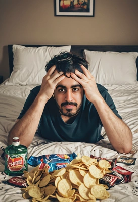 holding head in hands, sitting on the edge of the bed, after a party, bottles and empty chips packs around, chaos everywhere, hangover, blurred background, cinematographic style