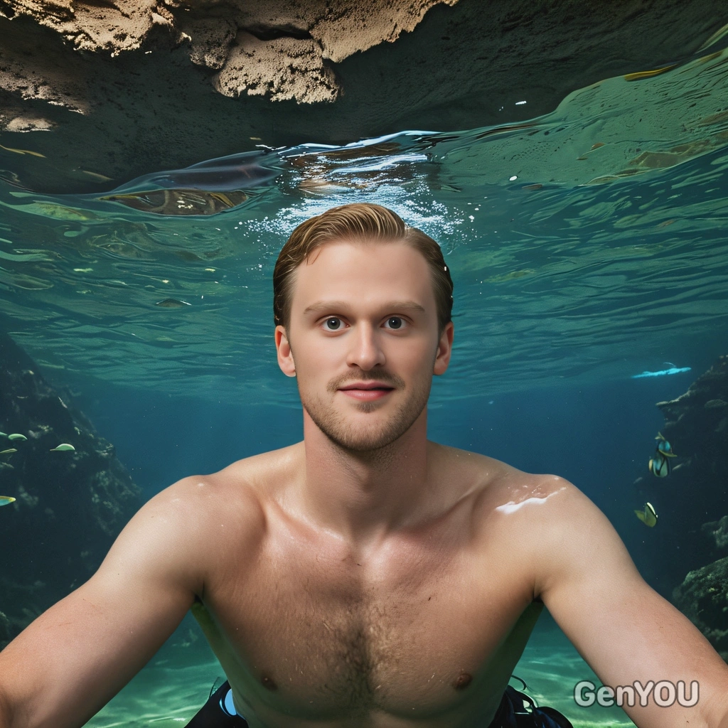 floating in an underwater cave